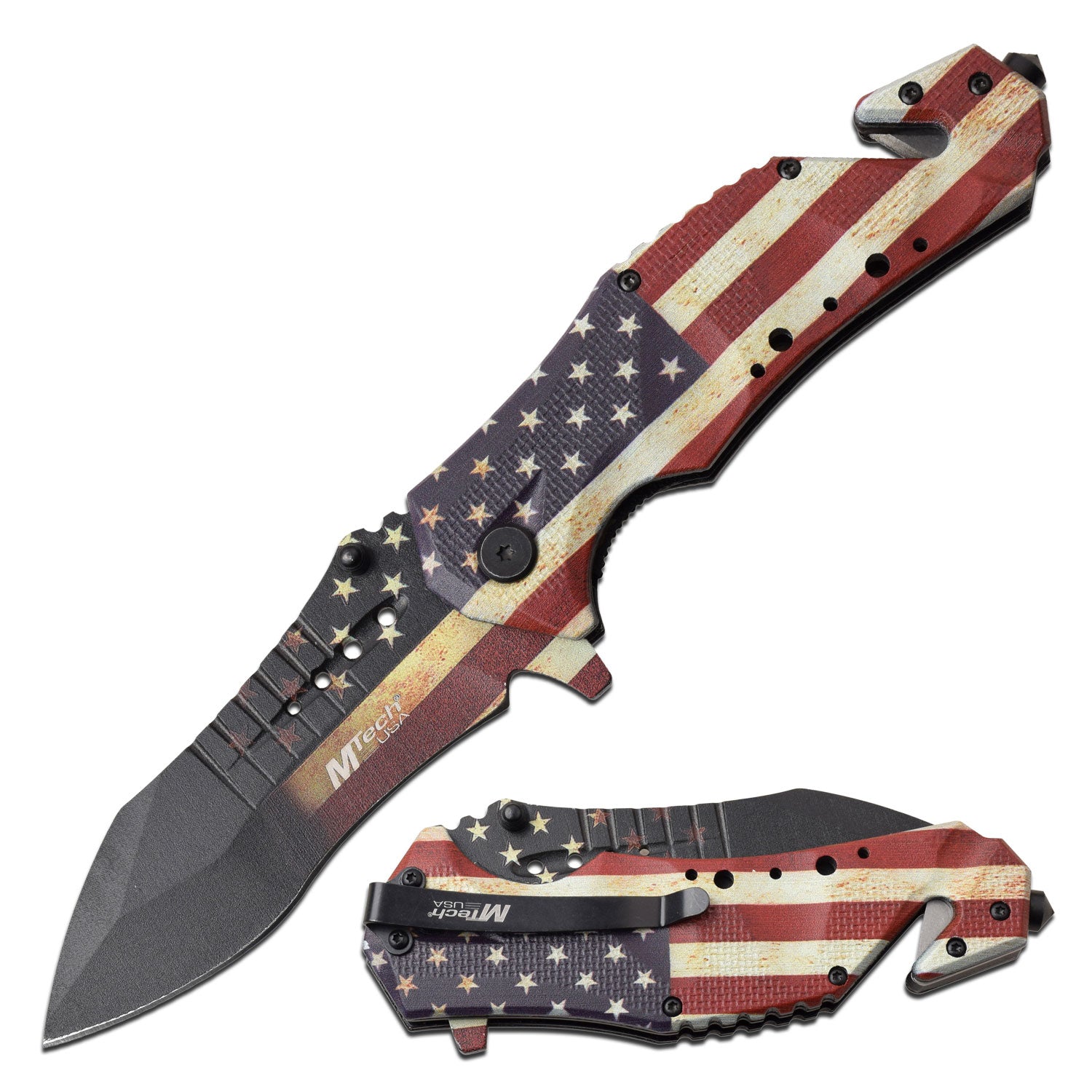 This American Flag design knife features a stainless steel blade.