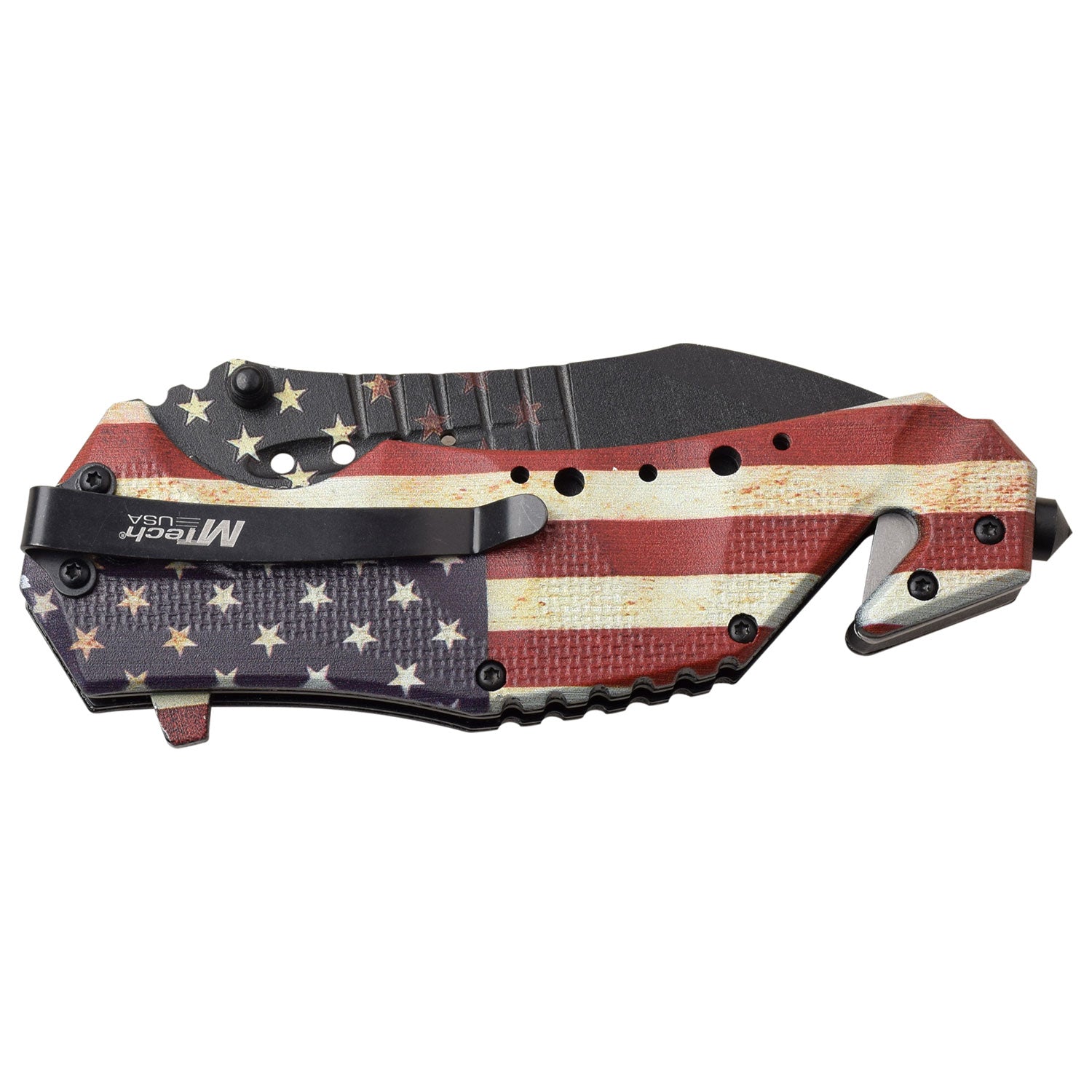 This USA Flag knife features a pocket clip.