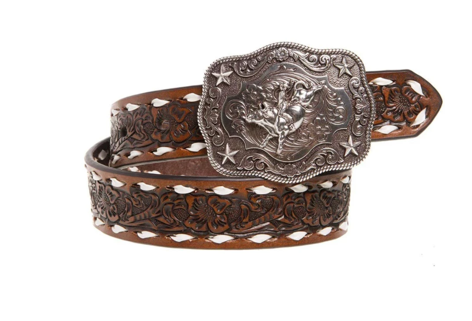 A boy's Nocona western belt with floral embossing, buck-stitched edges, and a removable silver tone bullrider buckle.