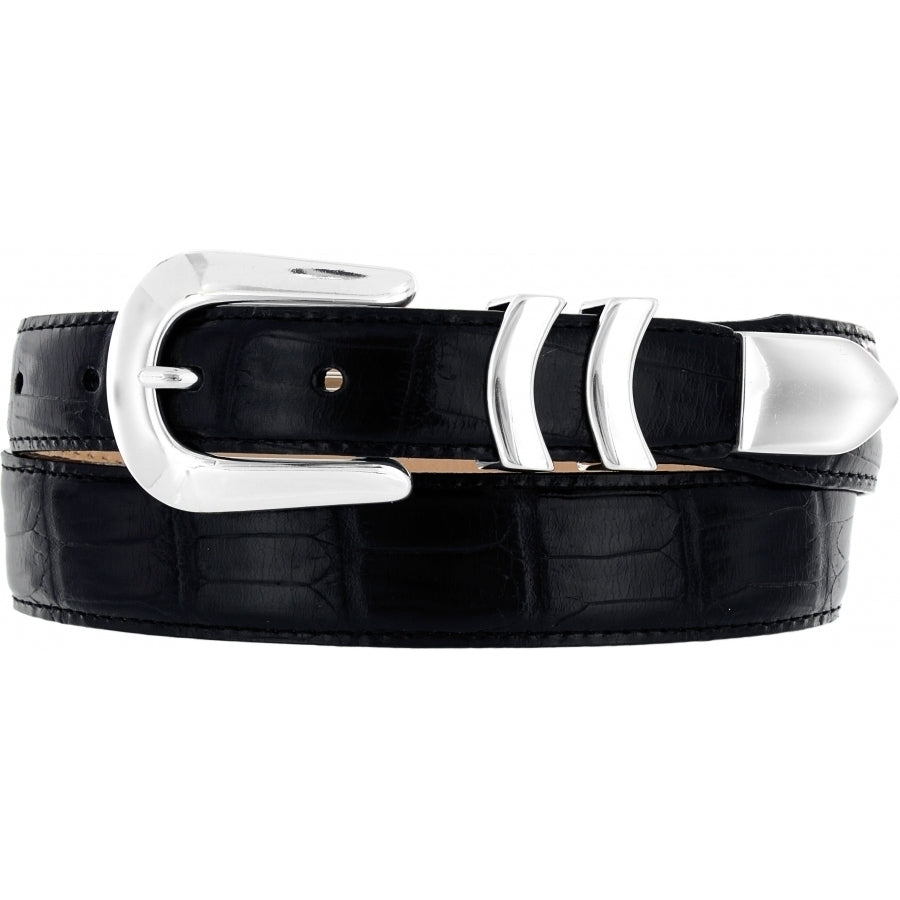 A black leather belt with a silver-plated buckle, featuring a textured pattern and a tapered design. Front View