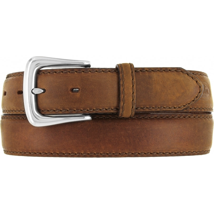 A Men's Justin brand bark brown leather belt with a silver-plated buckle. Front View