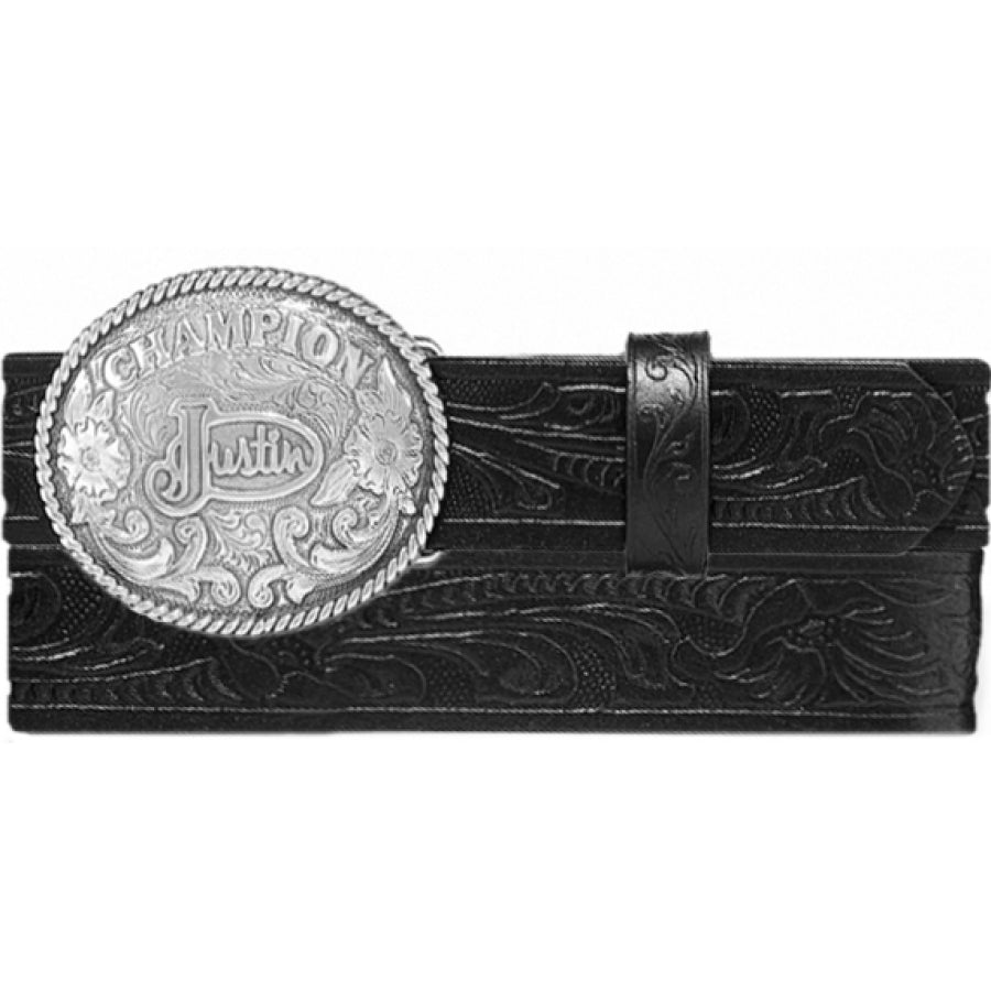 Children's Justin Black Champion tooled leather Western style belt with a silver buckle featuring the brand name 'Justin' and the word 'Champion'. Front View