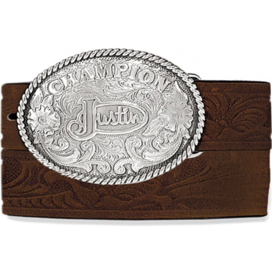 A Men's Western style tooled leather belt in aged bark color. It features a silver engraved buckle with the words 'Champion' and the Justin logo. Front View