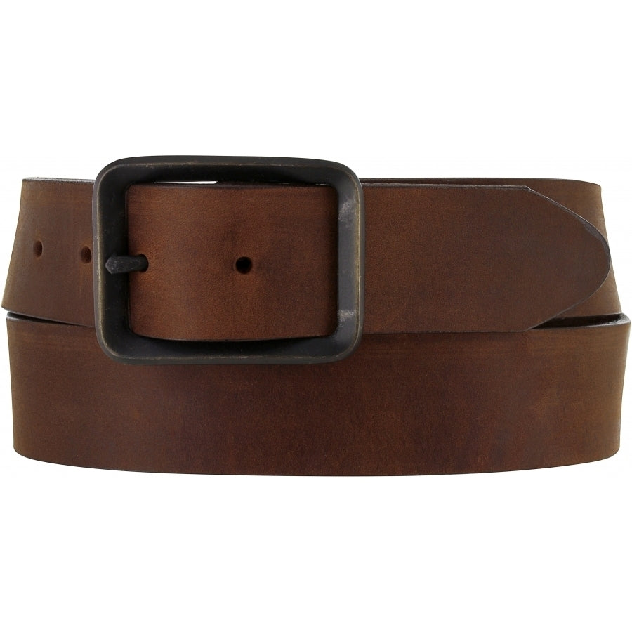 A Men's brown leather belt with an oxidized metal buckle. Front View