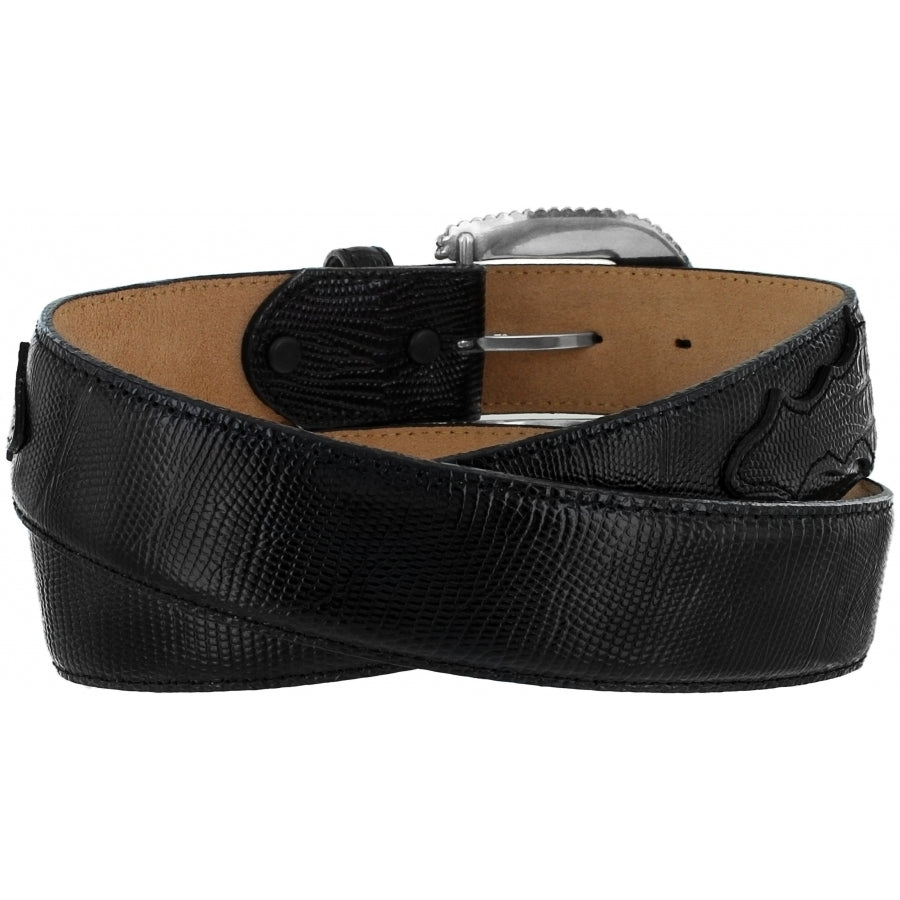 Tony Lama black lizard print leather dress belt with a metallic buckle. Rear View