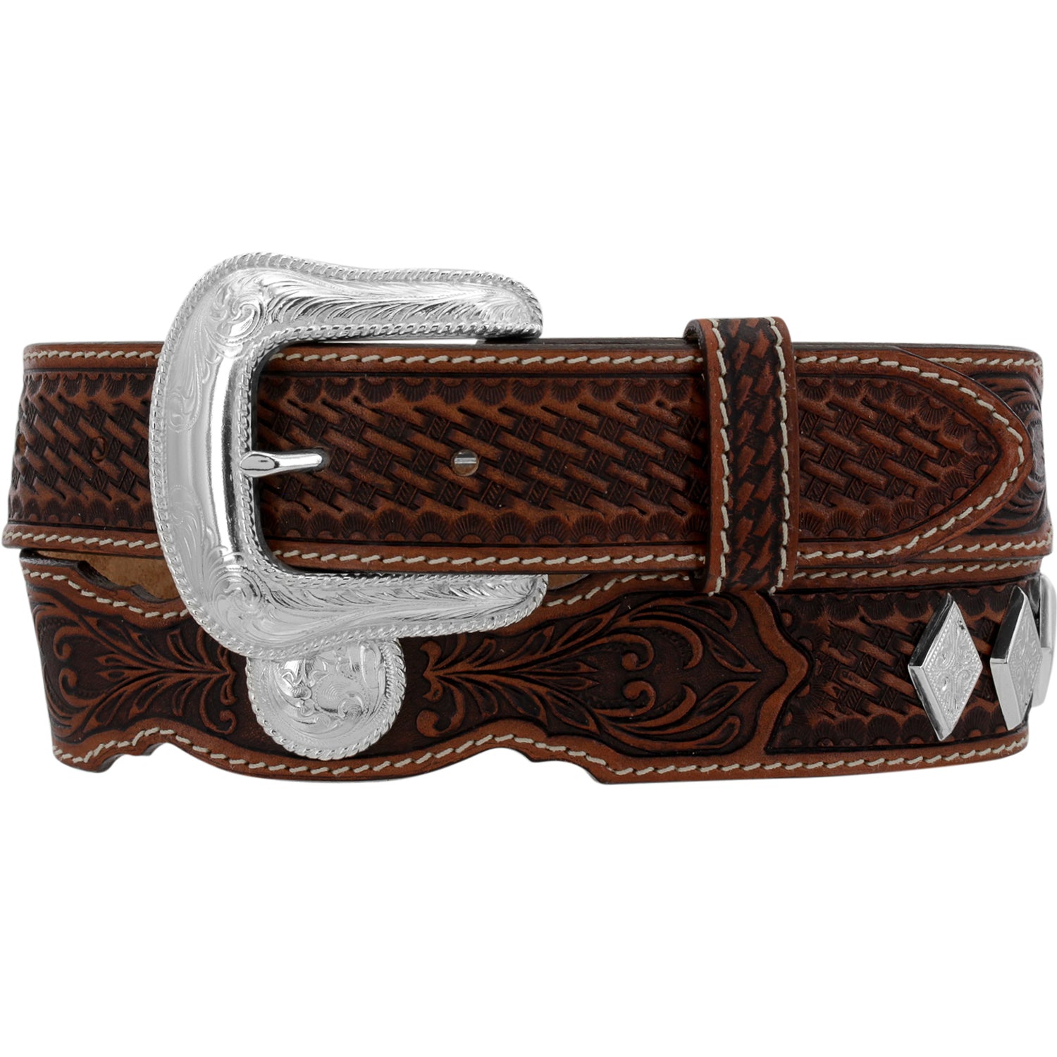 A brown leather western belt with a silver-plated buckle and concho detailing.