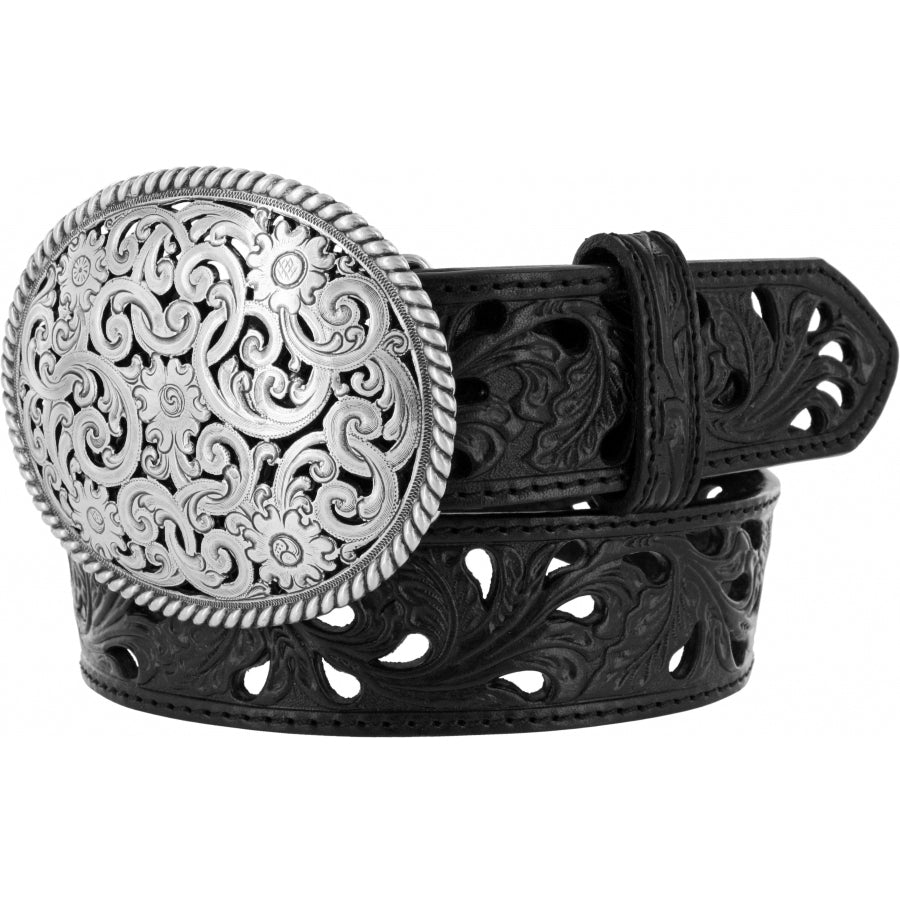 A black leather Western Style pierced filigree belt with a silver-plated oval buckle featuring intricate filigree design. Front View
