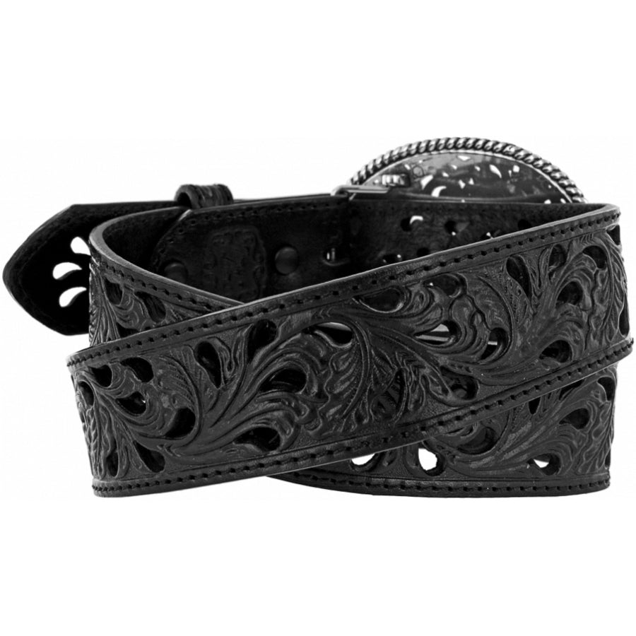 A black leather Western Style pierced filigree belt with a silver-plated oval buckle featuring intricate filigree design. Rear View