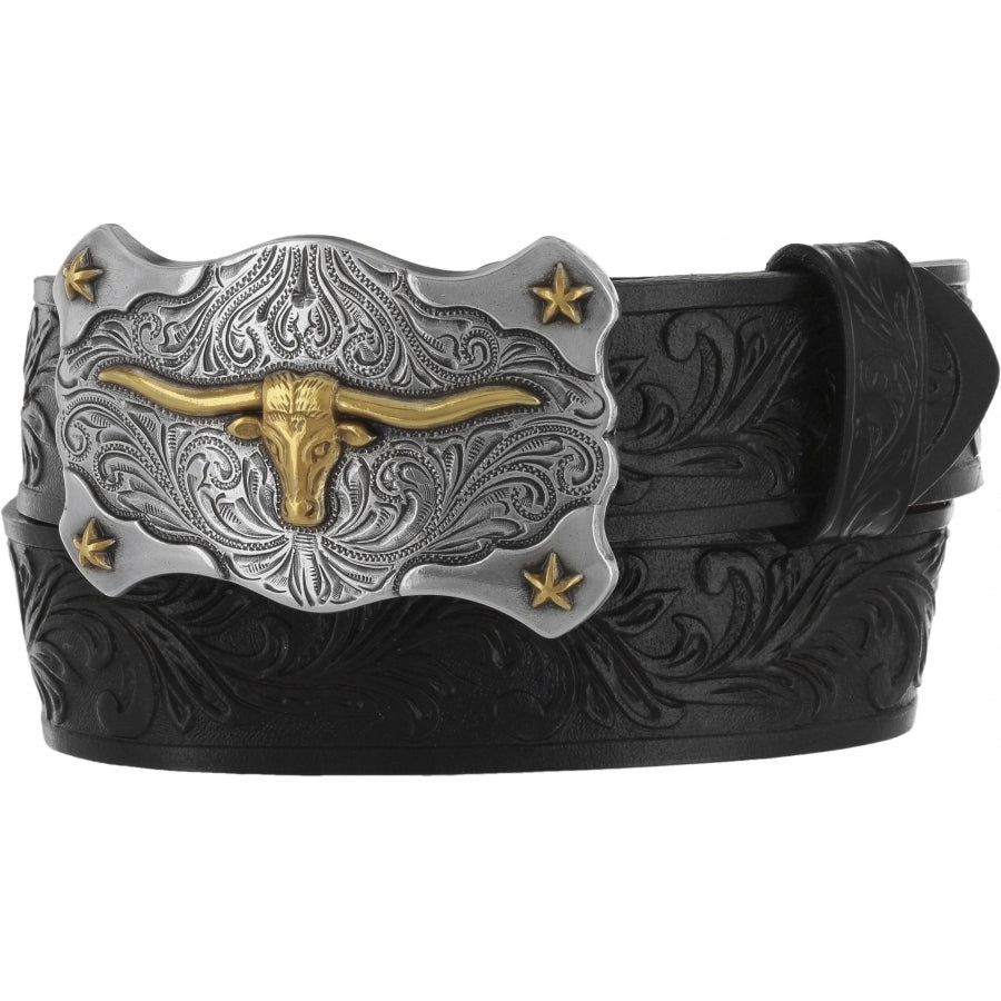 A children's Western style belt with a black leather strap and a two-tone antiqued long horn buckle with a floral pattern. Front View