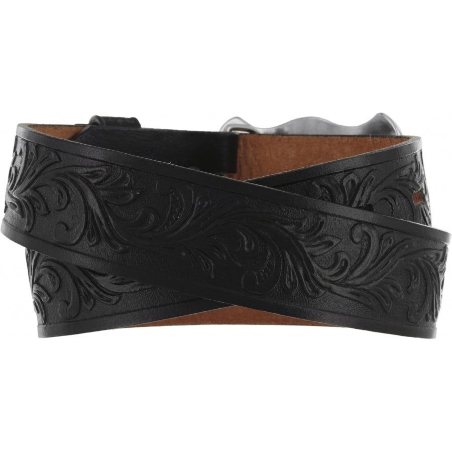 A children's Western style belt with a black leather strap and a two-tone antiqued long horn buckle with a floral pattern. Rear View