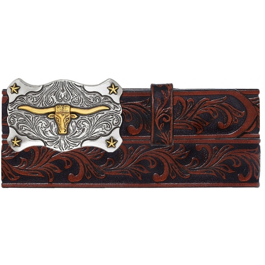Children's Western style leather belt with aged bark color leather and a tooled floral pattern, featuring a two-tone antiqued long horn buckle with a floral design. Front View