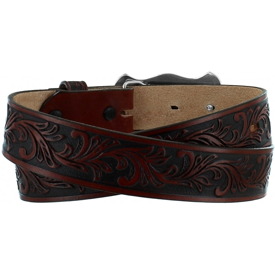 Children's Western style leather belt with aged bark color leather and a tooled floral pattern, featuring a two-tone antiqued long horn buckle with a floral design. Rear View
