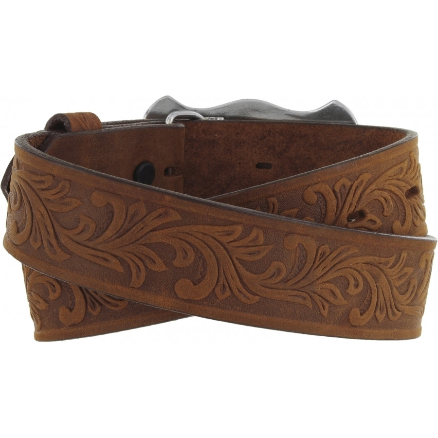 A brown Western style child's belt with a tan leather strap, floral tooled pattern, and a two-tone antiqued long horn buckle. Rear View