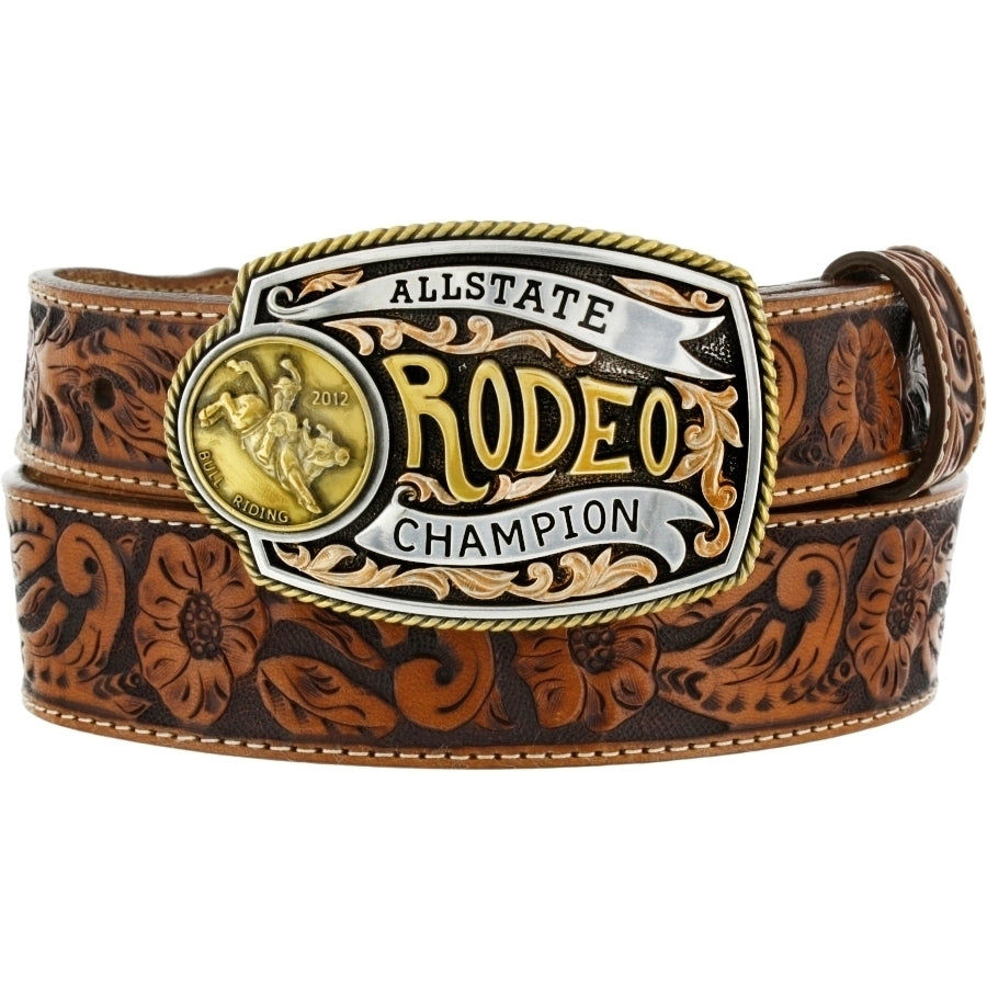 Children's tan leather Western style belt with a silver-plated buckle that reads 'ALLSTATE Rodeo Champion'. Front View