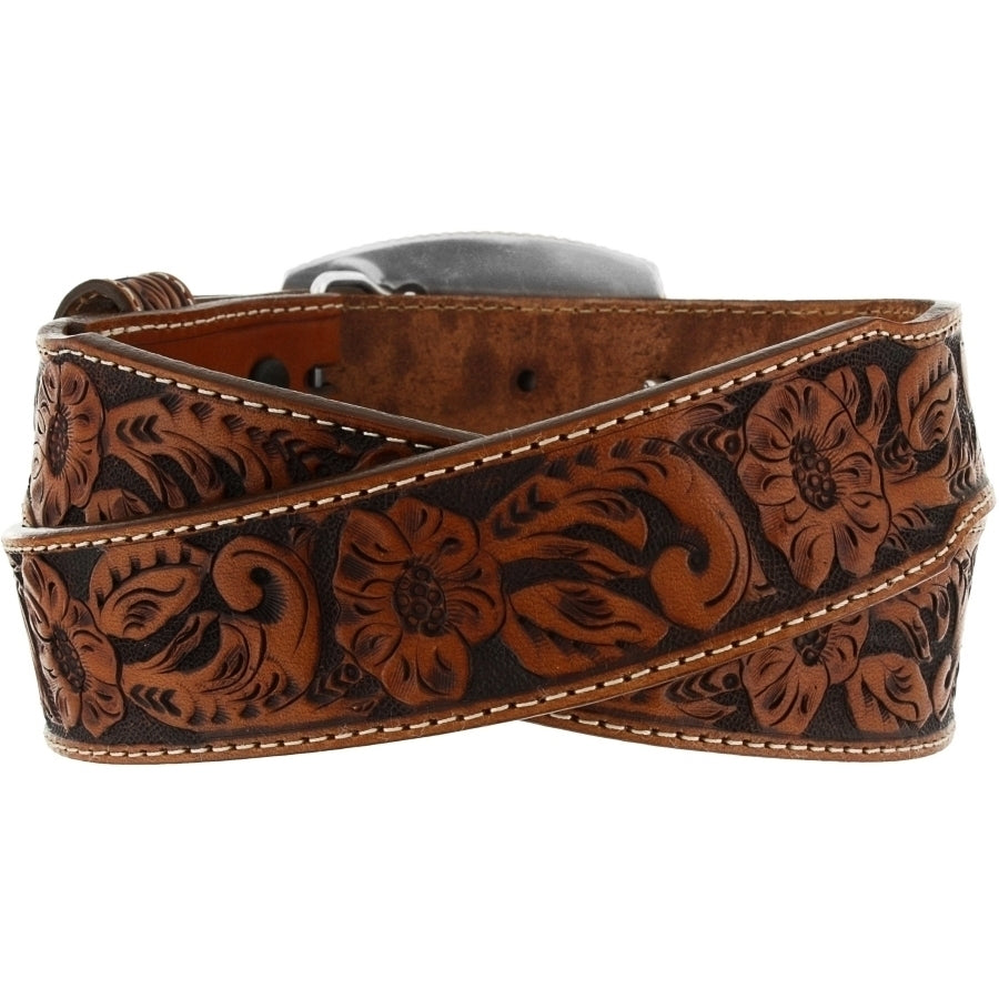 Children's tan leather Western style belt with a silver-plated buckle that reads 'ALLSTATE Rodeo Champion'. Rear View