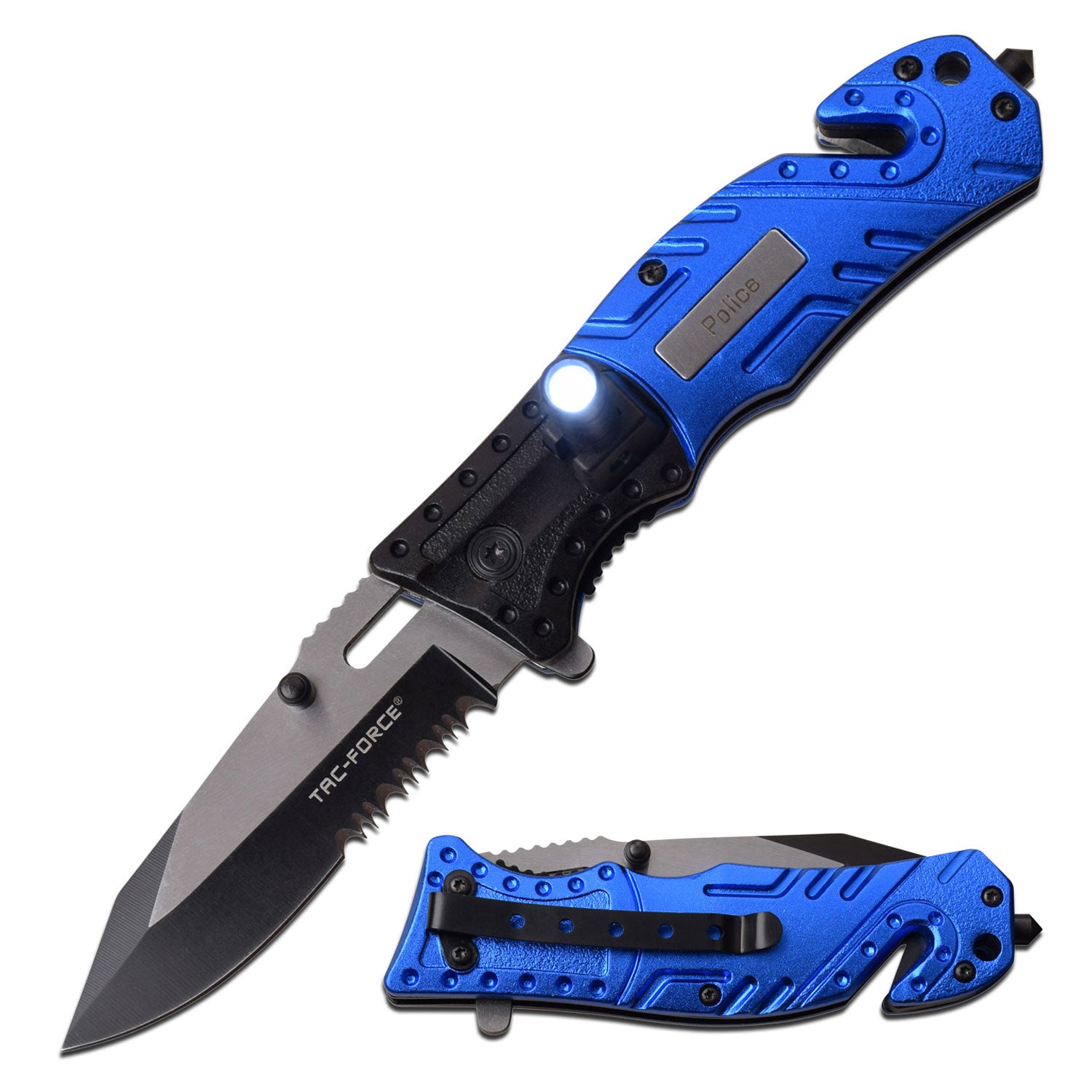 Black and Blue Police knife with a LED light.