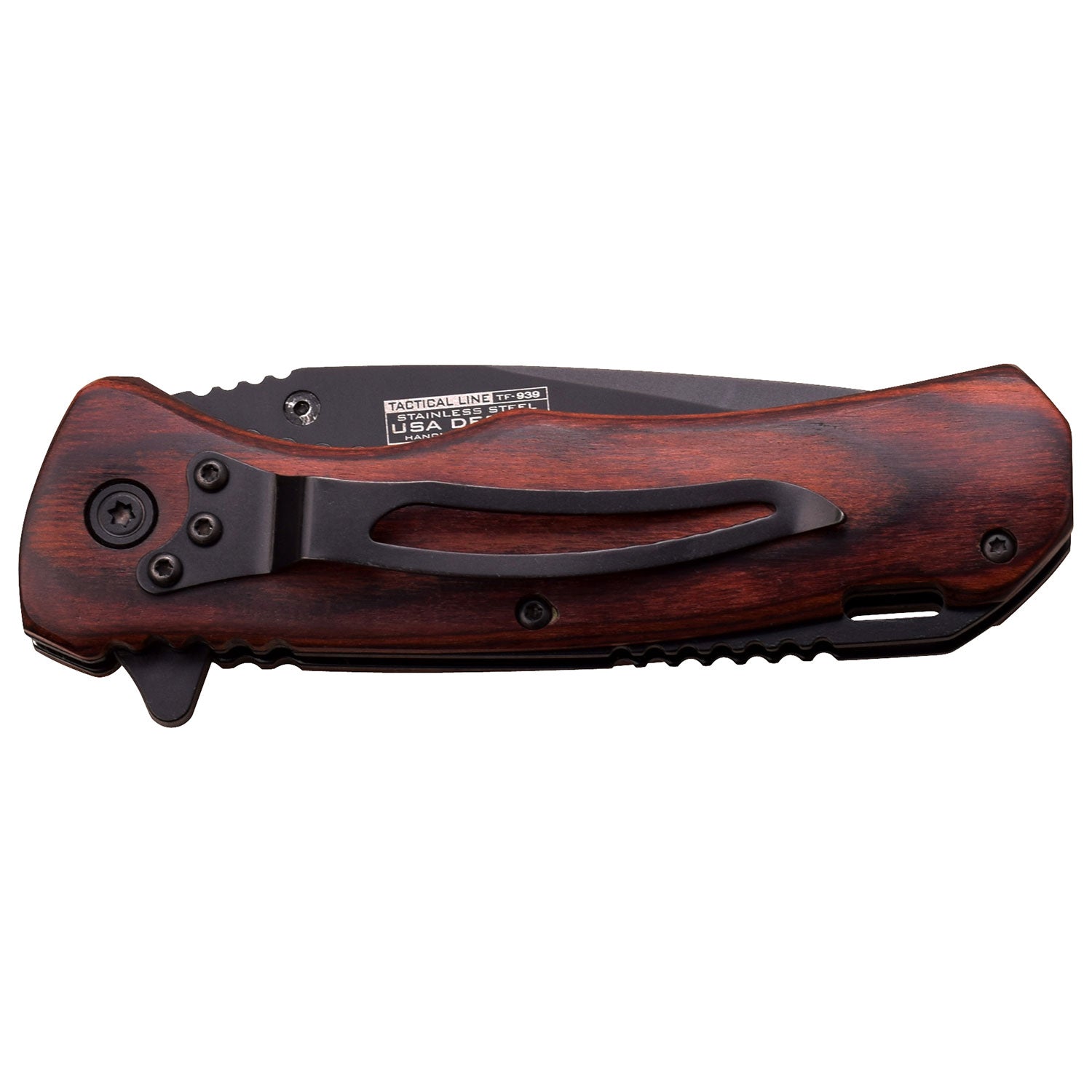 Black Blade
4.5 Inches Closed
Brown Pakka Wood Handle Eagle
Includes Black Pocket Clip
Back View of Clip