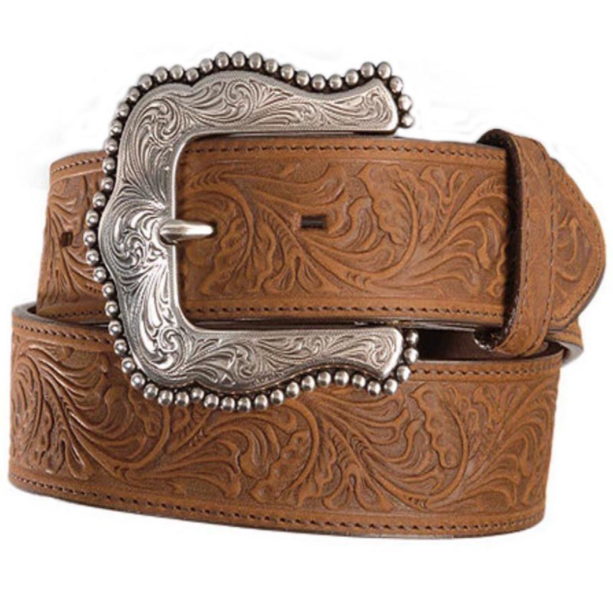 Ladies Western style brown leather belt with a floral tooled design and a silver buckle featuring intricate western scroll work. Front View