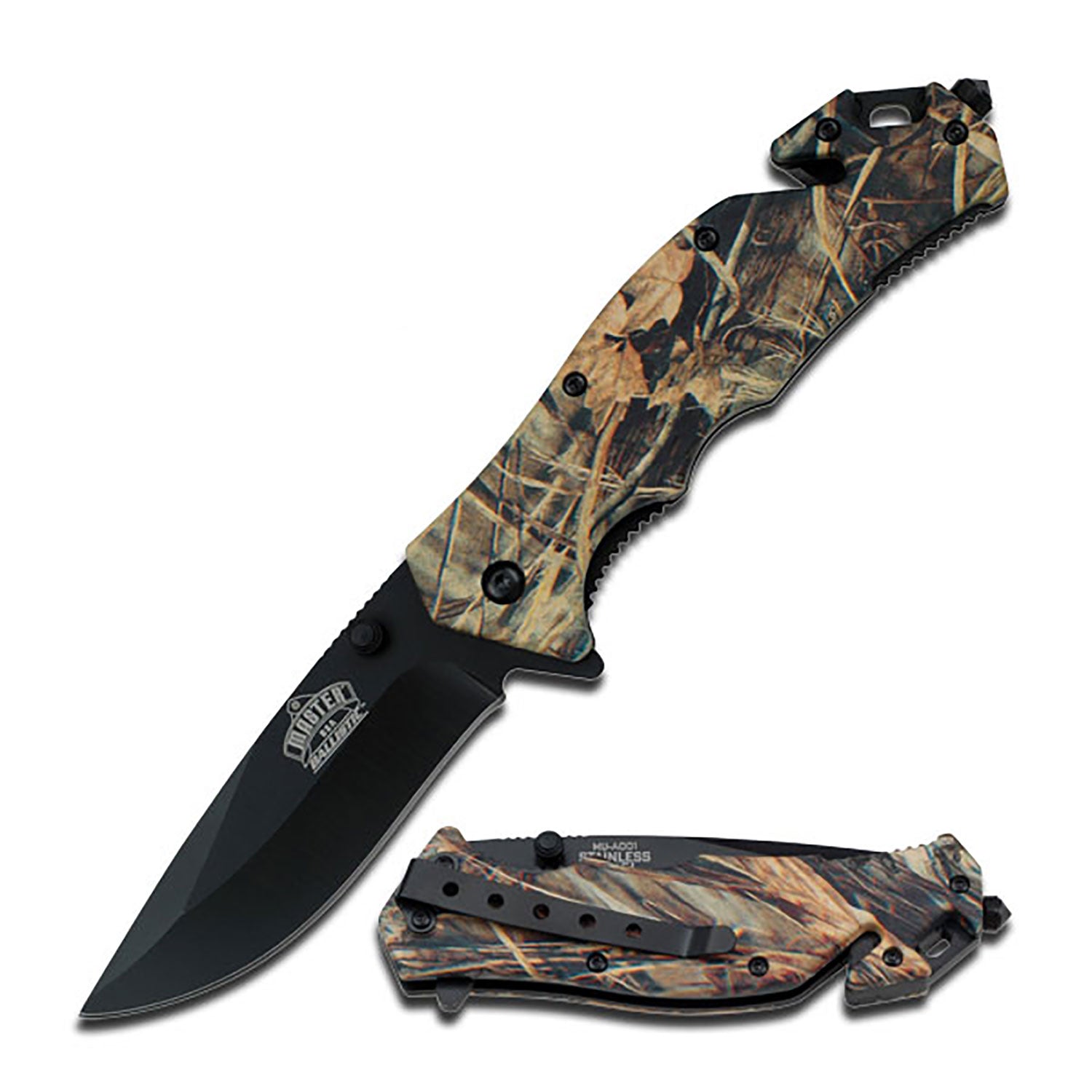 Spring Assisted Knife with a black stainless steel blade and camo handle.