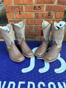 Women's Anderson Bean Mink Full Quill Ostrich Boots with a wide square toe and a Sable Kidskin shaft. 