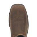 A toe view of a brown, square-toed work boot with a non-metallic composite toe and a rubber outsole, designed for men.