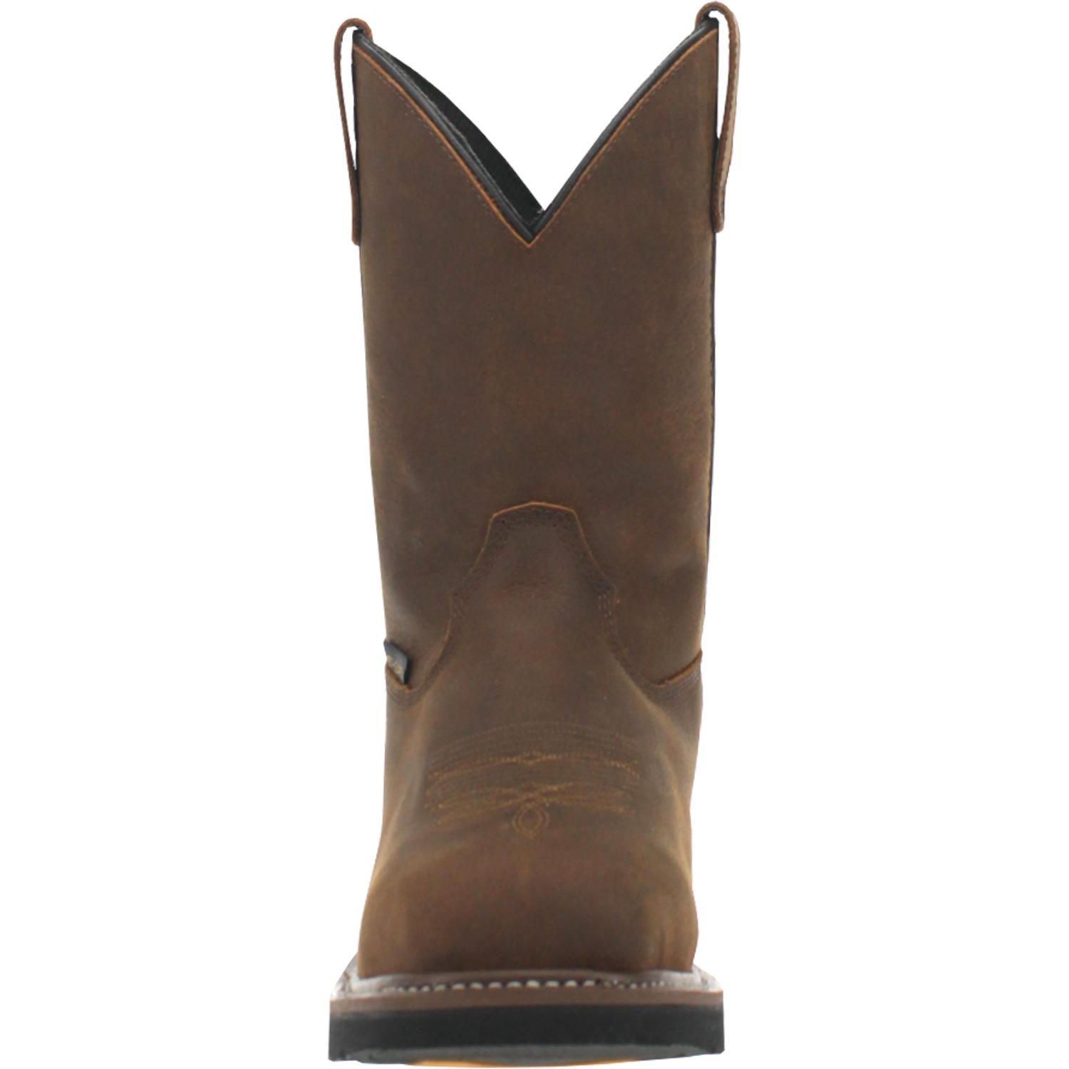 A front view of a brown, square-toed work boot with a non-metallic composite toe and a rubber outsole, designed for men.