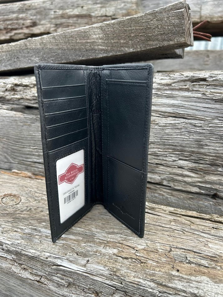 Black basketweave leather checkbook wallet with silver  Praying Cowboy concho on cowhide. Inside view showing checkbook and cash slots, along with a ID window and six card slots. 