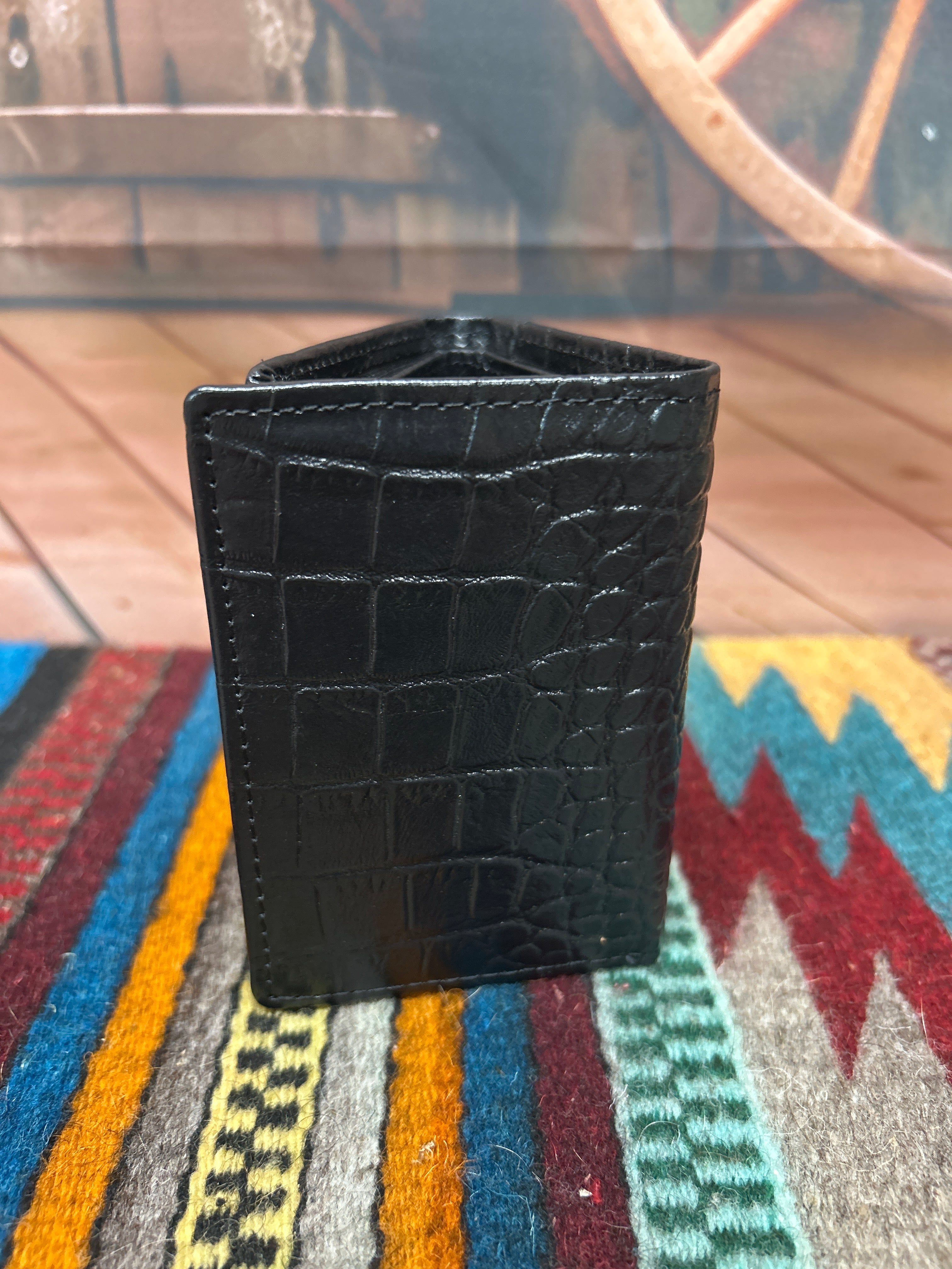 Black alligator print leather trifold wallet with a cowhide inset featuring a Rooster Concho. Rear View