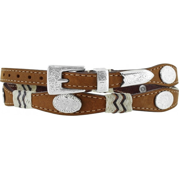 Western style brown leather concho hat band with silver buckle. 