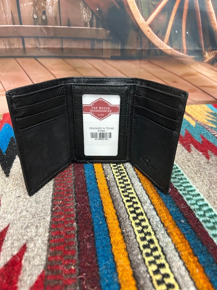 This Black leather trifold wallet from Top Notch accessories features nine card slots, a ID window, and two cash slots one zips close. Inside View