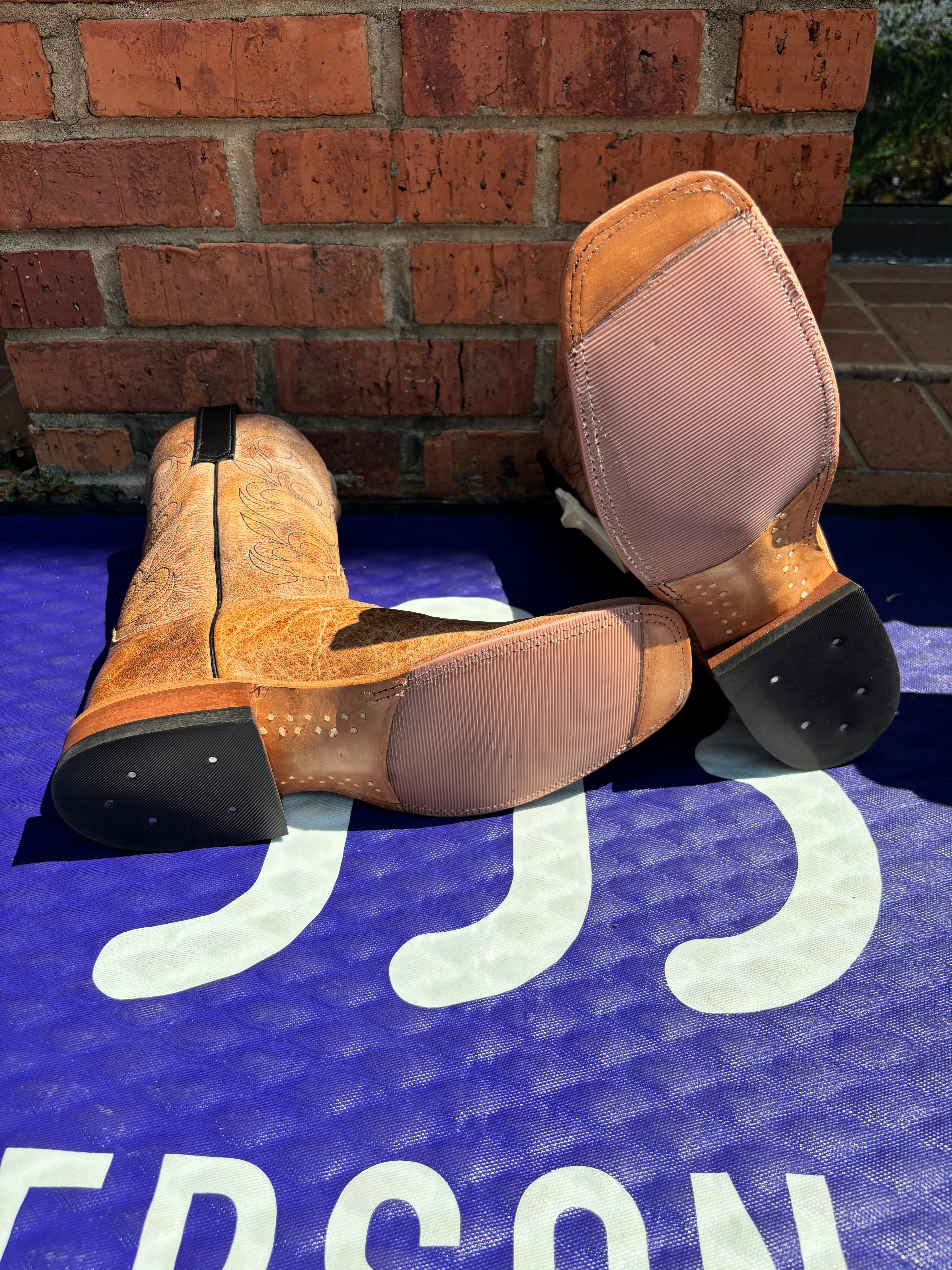 Women's Anderson Bean 'Grizzly Bear' leather cowboy boots with square toe. Bottom View showing hybrid outsole. 