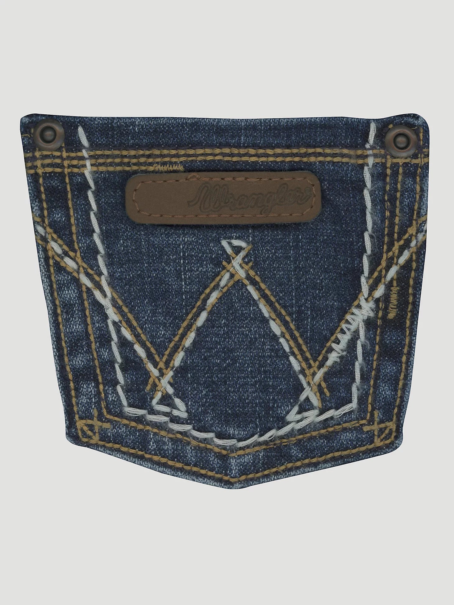 View of a back jeans pocket showing sttitched "W" in long white stitches following tan shorter stitches. Also has small leatherette patch near top of pocket and 2 top corner copper rivets. 
