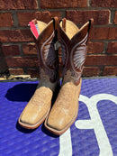 Women's Anderson Bean square toe boots in Tan Zebra. These boots have a 11" brown shaft. 