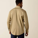 Men's Ariat FR long sleeve work shirt in Khaki. Rear view showing shirt untucked.