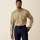 Men's Ariat FR long sleeve work shirt in Khaki. Front view showing shirt tucked in. 