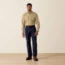 Men's Ariat FR long sleeve work shirt in Khaki.  Full front view showing shirt tucked in.