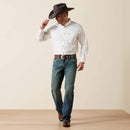 Men's Ariat M5 slim fit straight leg jean in a medium wash. Full front view