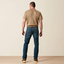Men's Ariat Rebar straight leg work jeans in a dark wash. Rear View