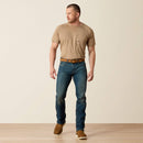 Men's Ariat Rebar straight leg work jeans in a dark wash. Full front view. 