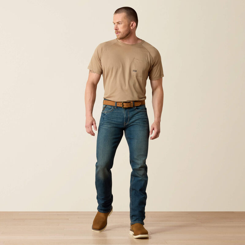 Men's Ariat Rebar straight leg work jeans in a dark wash. Full front view. 