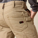 Men's Ariat FR Khaki boot cut pants. Rear view showing back pocket detailing. 