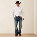 Men's Ariat M4 relaxed fit boot cut jeans in a medium wash. Full front view showing jeans on model. 