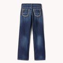 Boy's Ariat B5 Slim Fit jeans in a dark wash. Jean laid out off model rear view.