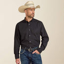 Men's Ariat long sleeve wrinkle free shirt in Black. Front view showing shirt tucked in. 