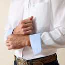 Men's Ariat White long sleeve wrinkle free shirt. Close up of Light Blue contrast cuff and Light Blue Ariat logo on left chest pocket. 
