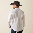 Men's Ariat White long sleeve wrinkle free shirt. Rear view showing shirt untucked. 