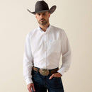 Men's Ariat White long sleeve wrinkle free shirt. Front view showing shirt tucked in.