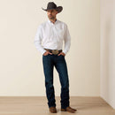 Men's Ariat White long sleeve wrinkle free shirt. Full front view showing shirt tucked in. 