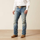 Men's Ariat M4 relaxed fit boot cut jean in a light wash. Front View
