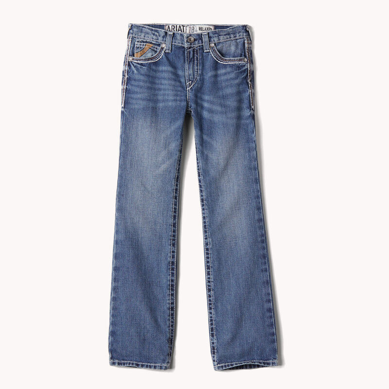 Boys Ariat B4 relaxed fit boot cut jeans in a medium wash. 